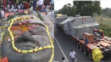 பிரமாண்ட விஷ்ணு சிலை… வழி எங்கும் பக்தர்கள் கற்பூரம் ஏற்றி வழிபாடு- வீடியோ