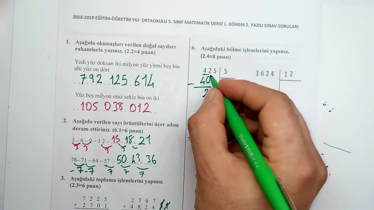 5. Sınıf MATEMATİK 1. Dönem 2. Yazılı Soruları ve Çözümü 2018- 2019 (%99 Çıkabilir  )