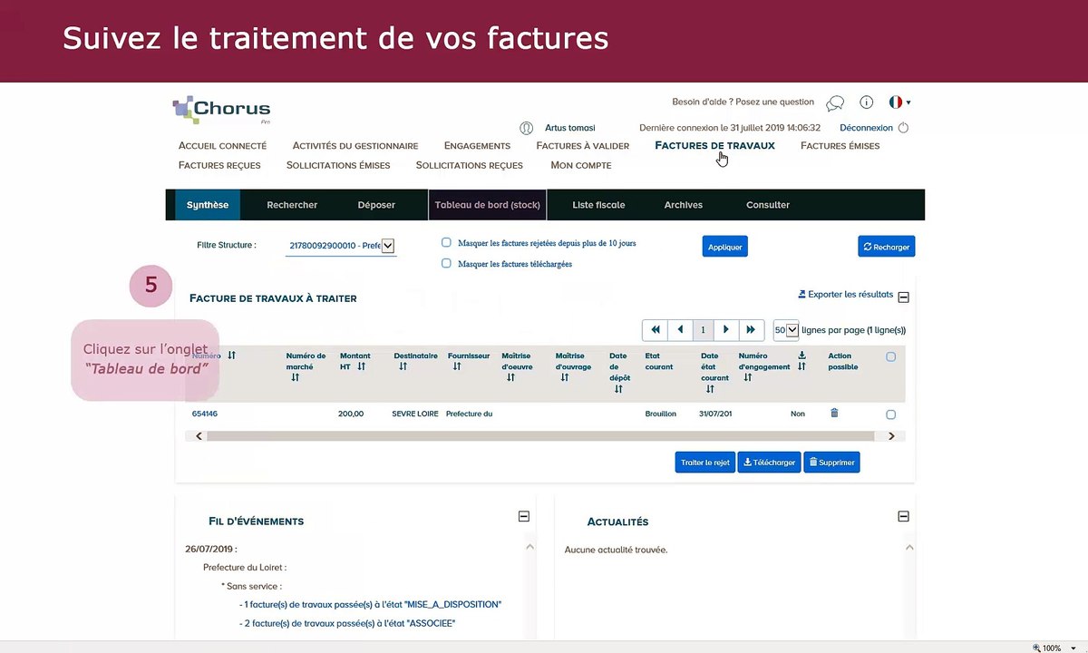 Tutoriel Chorus Pro V2 Effectuer le suivi des factures de travaux