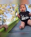 Funny video of child is sliding on stairs in funny style