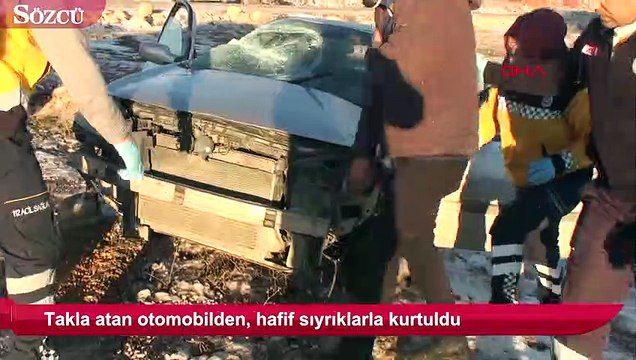 Takla atan otomobilden, hafif sıyrıklarla kurtuldu