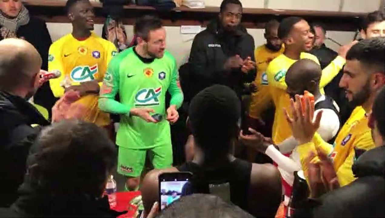 Coupe de France - La joie du vestiaire de LYON-DUCHERE AS après la qualification contre le Nîmes Olympique