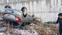 Buz tutan yolda otomobiliyle şarampole yuvarlanan kadın öğretmen ölümden döndü