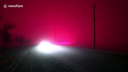 LED greenhouse lights in Canada bathe snow in weird pink light