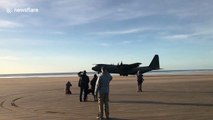 Incredible video shows a Hercules plane taking off from a British beach