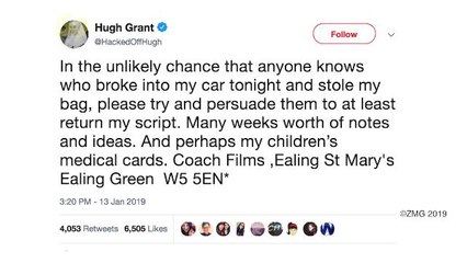 Actor Hugh Grant Tweets Desperate Plea After Thieves Break Into His Car