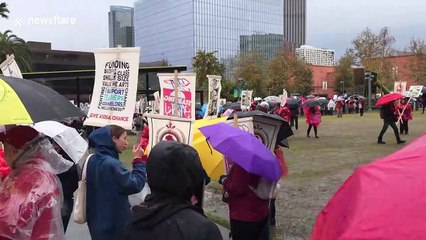 Whistles and umbrellas as LA teachers strike in the rain
