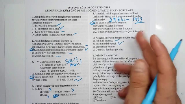 6. Sınıf HALK KÜLTÜRÜ DERSİ 1. Dönem 2. Yazılı Soruları ve Çözümü 2018-2019