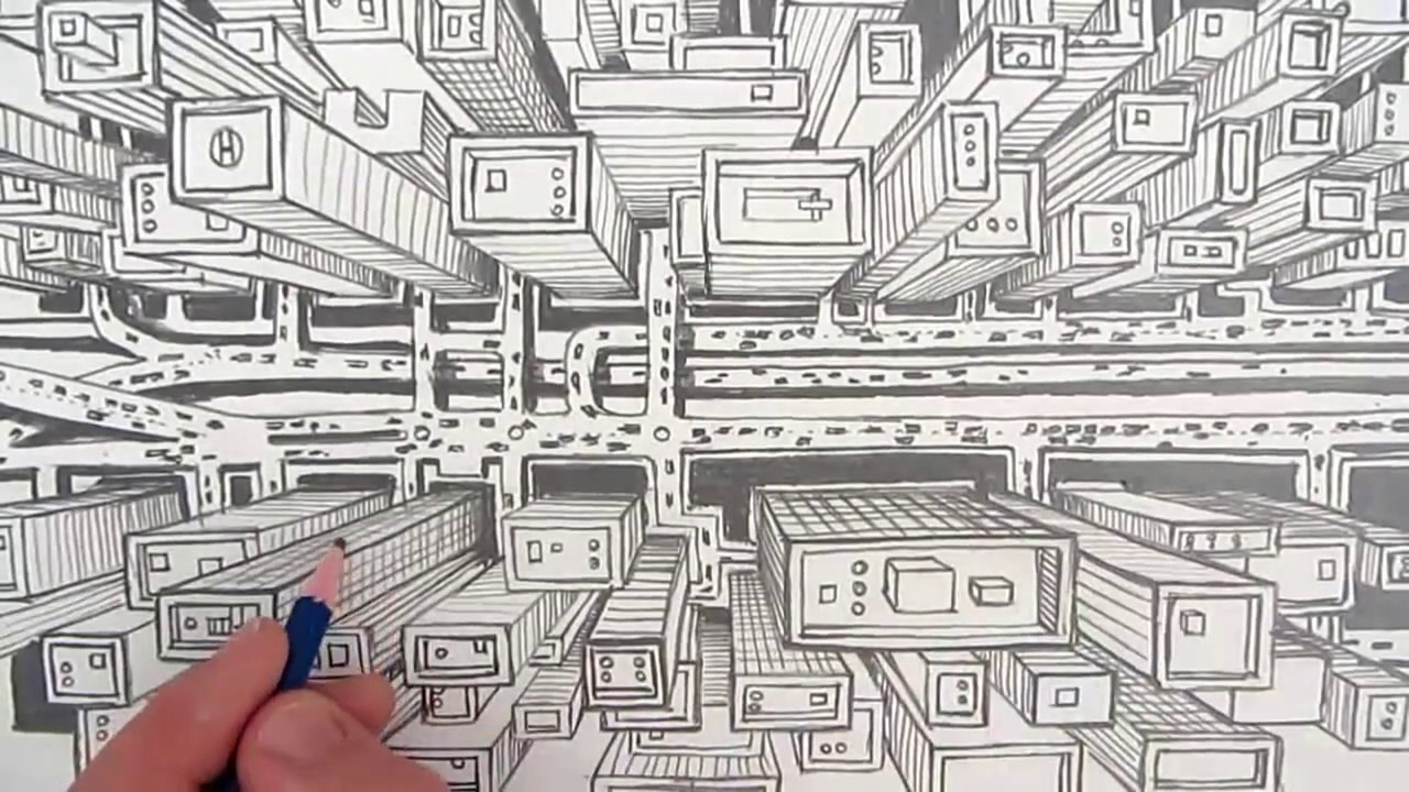 Comment dessiner une ville en utilisant une perspective à 1 point Une vue plongeante || How to Draw a City using 1-Point Perspective A Bird's Eye View