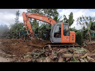 Excavator Works On Banana Plantation Canal / Constructing A Stadium