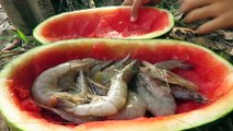 Primitive Technology - Smart boy cooking Shrimp - Eating delicious on a Watermelon