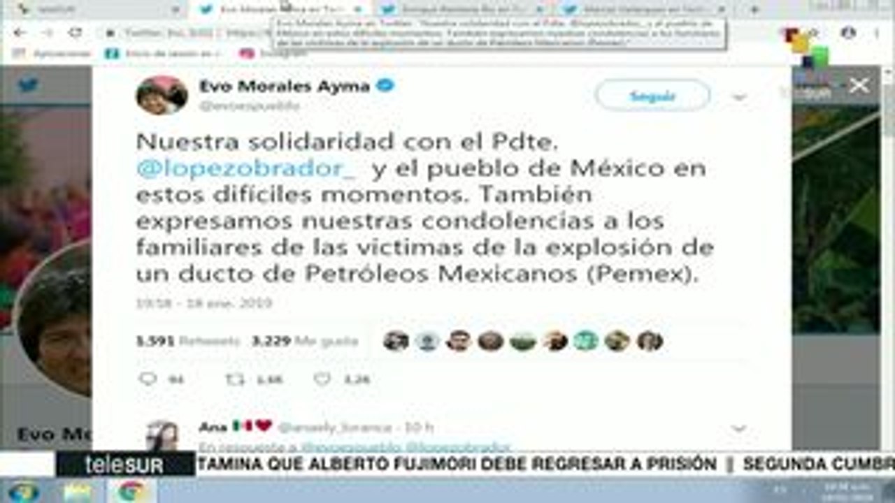 Evo Morales expresa su solidaridad con México tras explosión de ducto