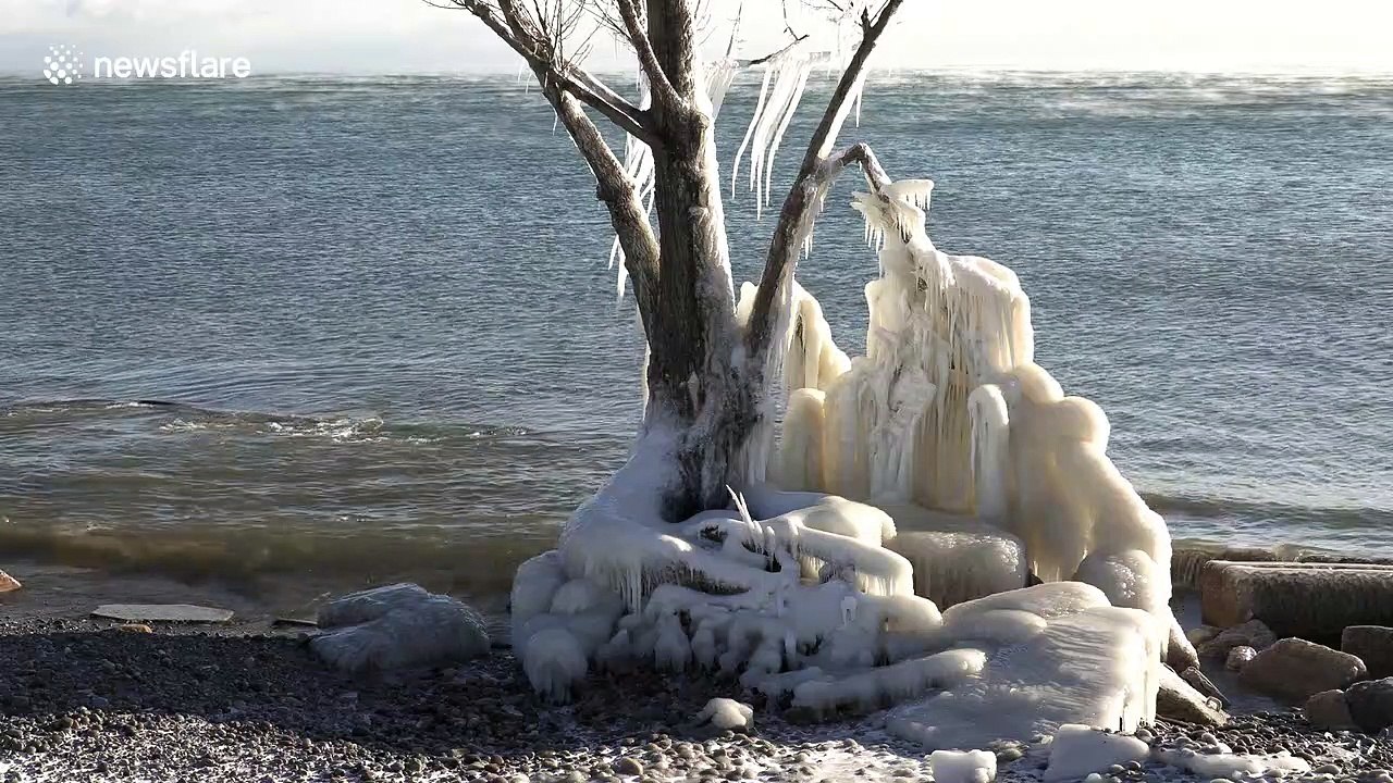 Ontario winter storm creates stunning lakeside ice sculptures