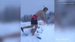 Olympic skier dives head first in to deep snow