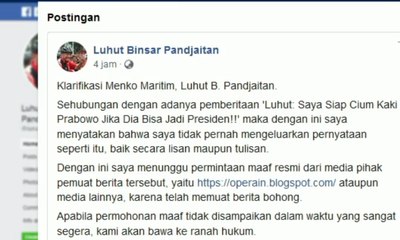 Luhut Akan Laporkan Media Pembuat Hoaks Dirinya