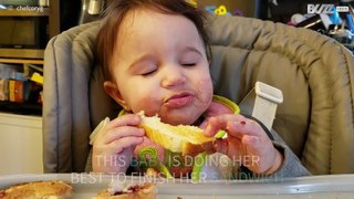 Eating while sleeping? This baby can do both!