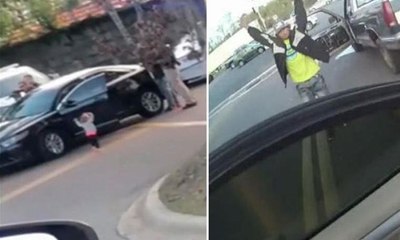 Babasının gözaltına alındığını gören küçük kız da ellerini kaldırıp polise yürüdü