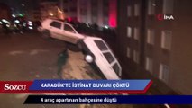 İstinat duvarı çöktü, 4 araç apartman bahçesine düştü