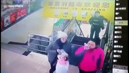 Escalator floor collapses just as man gets off the steps