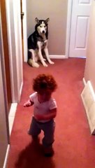 Un bébé se blottit contre son chien quand il entend l'aspirateur