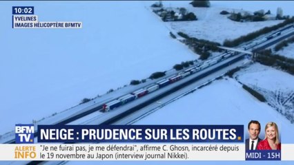 Des champs tout blancs, des camions bloqués... Les images de l'hélicoptère BFMTV au-dessus des Yvelines après les chutes de neige