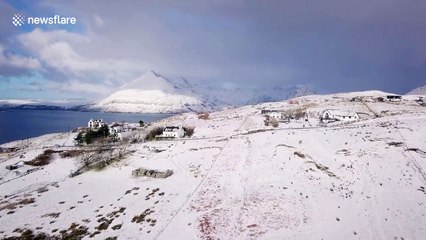 Drone camera captures fresh snow on the scenic Isle of Skye
