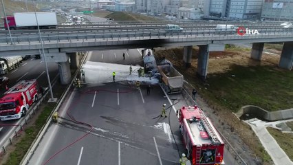 Hafriyat kamyonu gaz tankerine çarptı...Söndürme çalışmaları havadan görüntülendi
