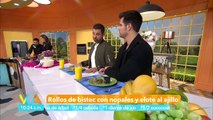 ¡Rollos de bistec con nopales y elote al ajillo, qué sabrosura!