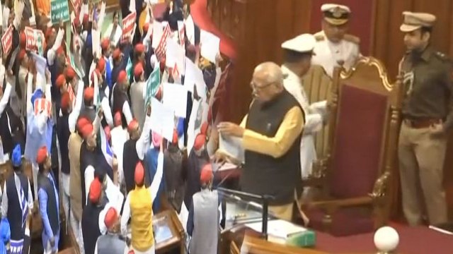 Opposition hurls paper balls during Governor Ram Naik's address in UP Assembly | Oneindia News