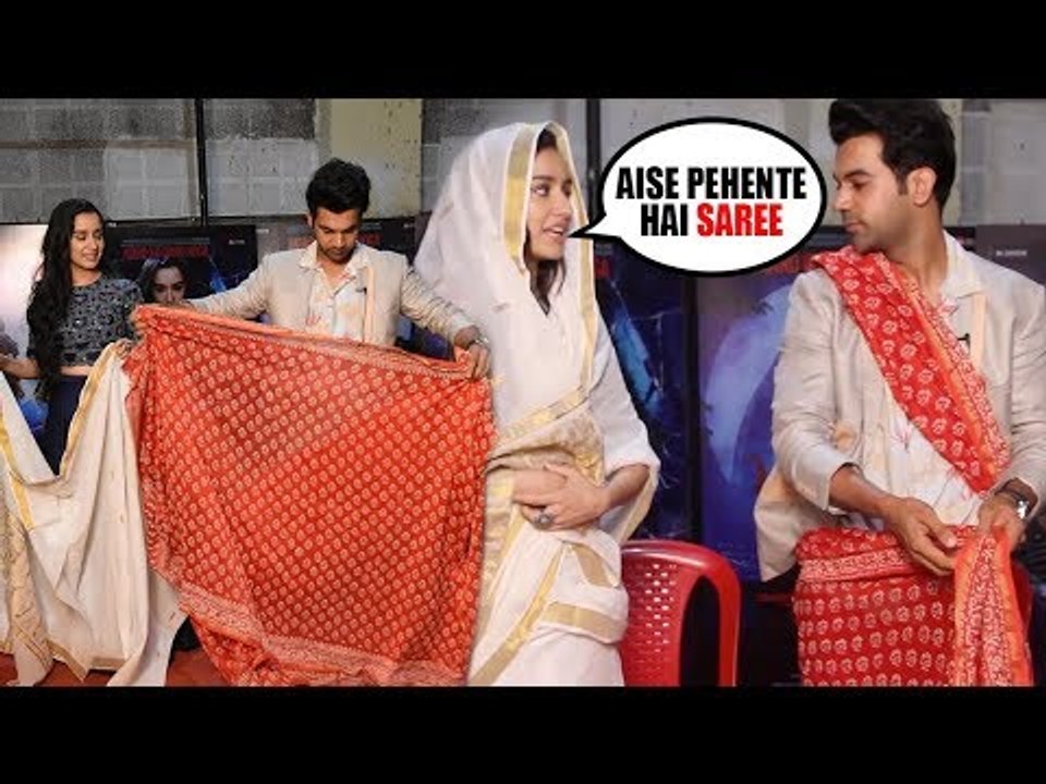 Shraddha Kapoor TEACHING Rajkumar Rao HOW TO WEAR SAREE | Stree Movie Promotions
