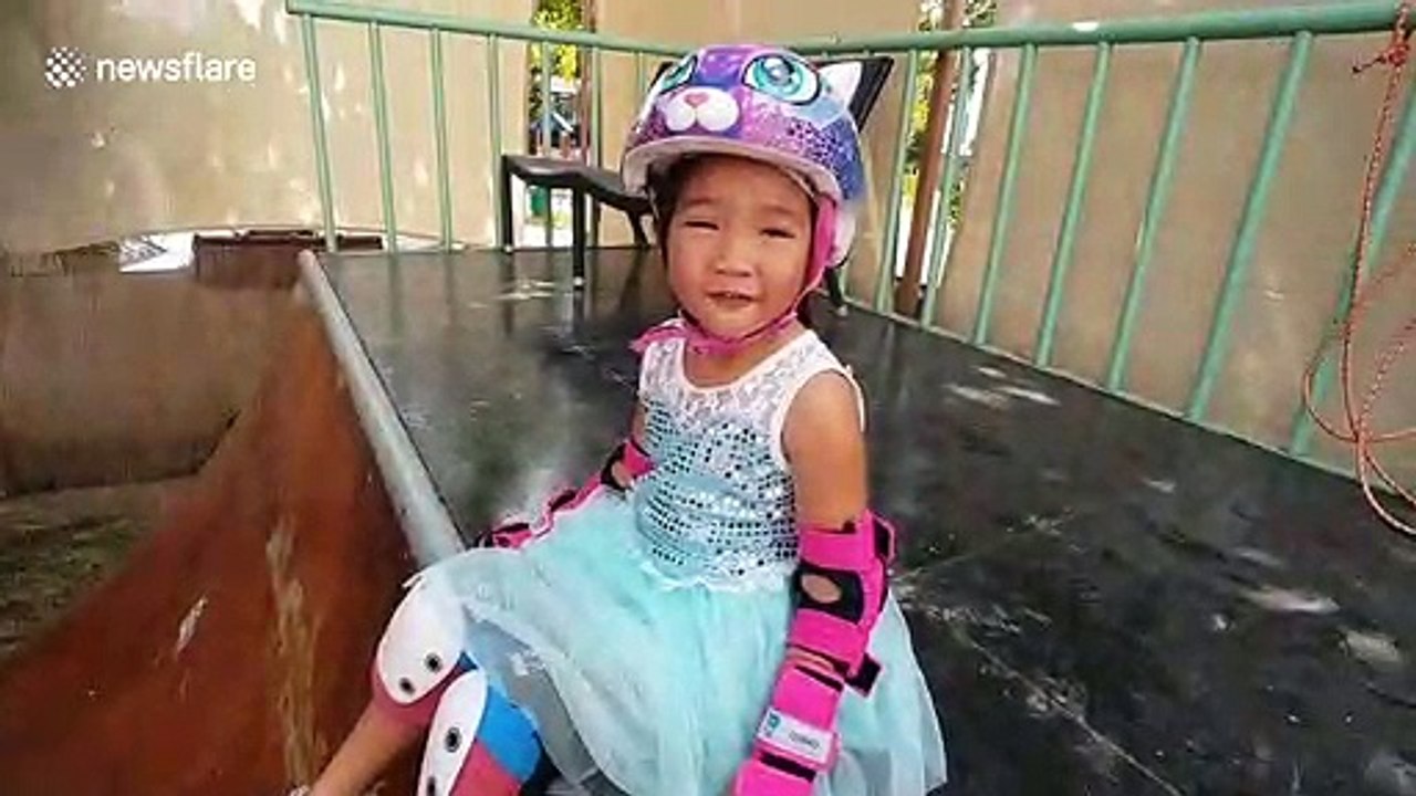 World's most extreme toddler: Three-year-old girl drops into 6ft half-pipe