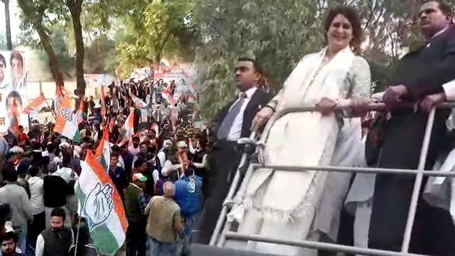 VIDEO: लखनऊ में प्रियंका गांधी का रोड शो, इस अंदाज में नजर आईं