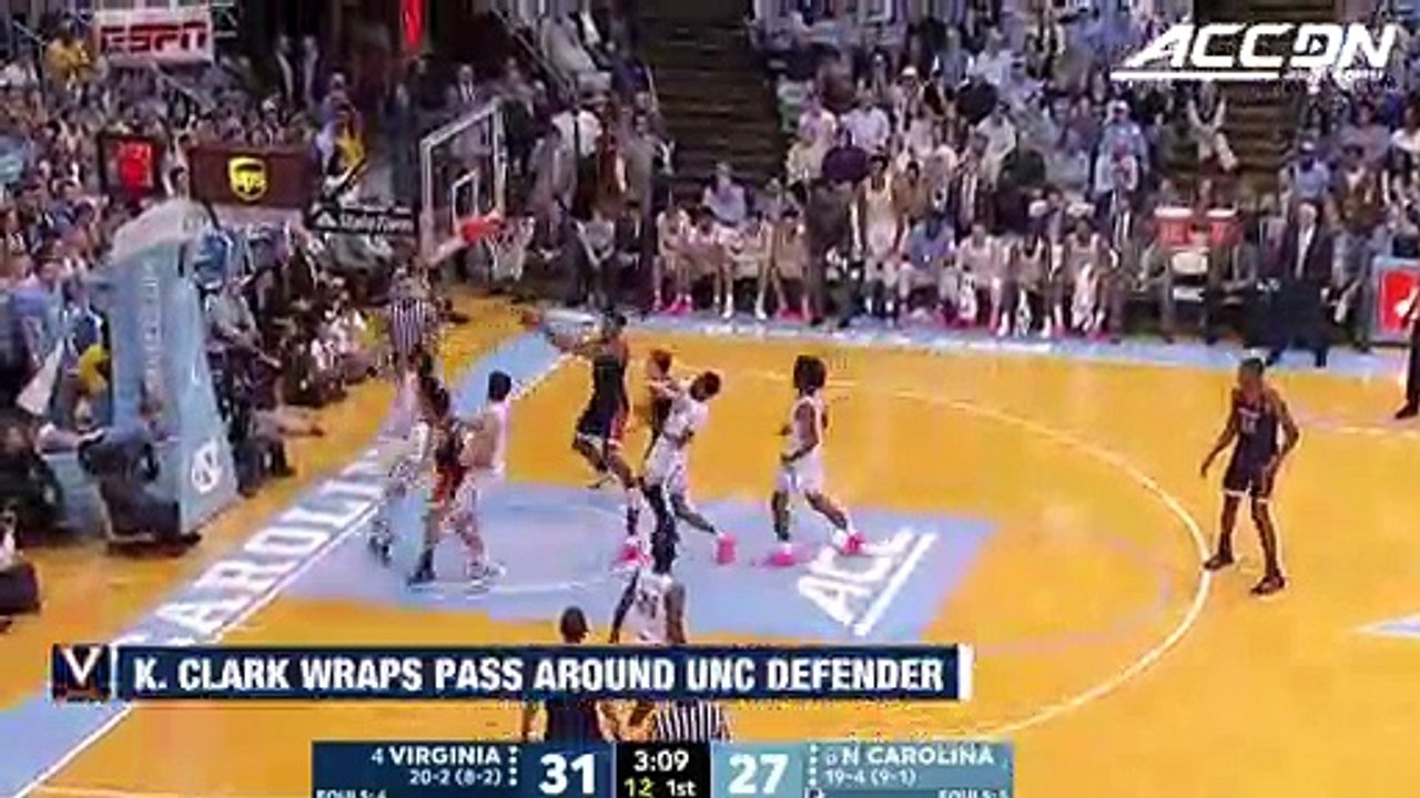 Virginia's Kihei Clark Wraps Pass Around UNC Defender's Back