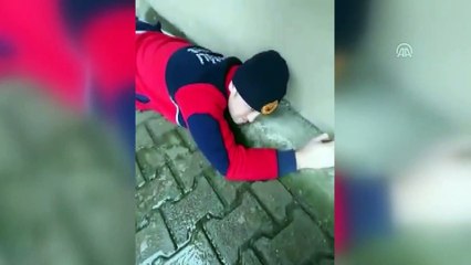 Yağmur suyu giderine sıkışan kedi kurtarıldı