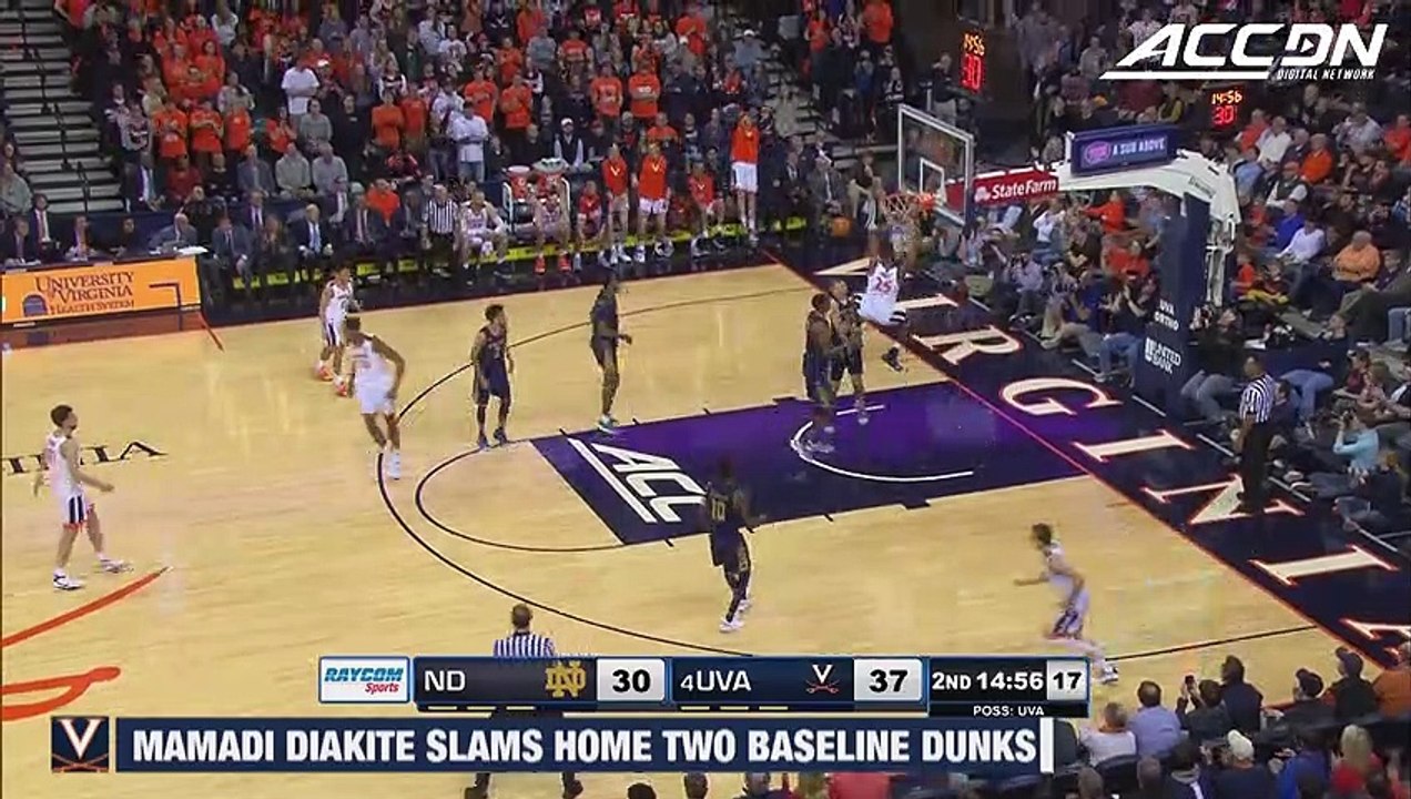 Virginia's Mamadi Diakite Slams Two Baseline Dunks vs. Notre Dame