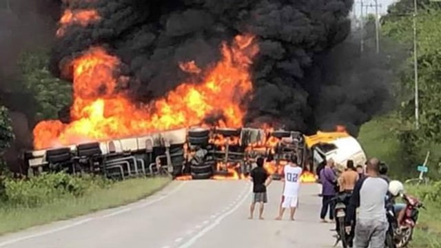 Oil tanker laden with petrol on fire