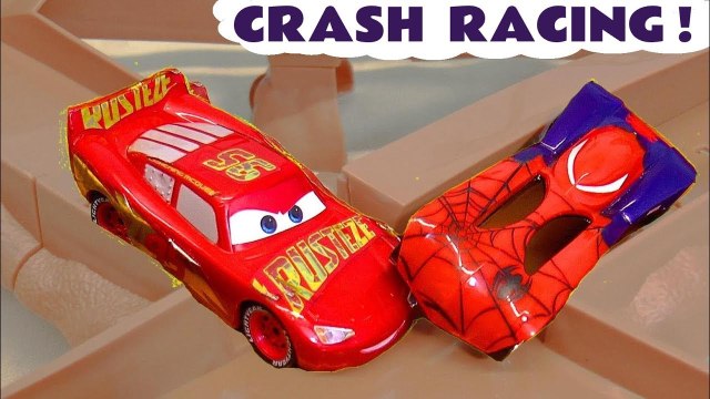 Hot Wheels Race Off Disney Pixar Cars Crash Racing with DC Comics Justice League & Marvel Avengers 4 Superheroes along with Toy Story 4 Rex and PJ Masks Catboy