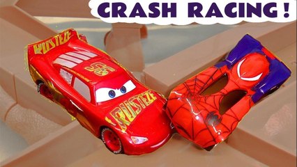 Hot Wheels Race Off Disney Pixar Cars Crash Racing with DC Comics Justice League & Marvel Avengers 4 Superheroes along with Toy Story 4 Rex and PJ Masks Catboy