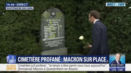 Emmanuel Macron vient d'arriver dans le cimetière juif profané de Quatzenheim