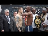 JULIUS INDONGO TAUNTS RICKY BURNS WITH CUT-THROAT SIGN - FULL WEIGH IN FROM GLASGOW /BURNS v INDONGO