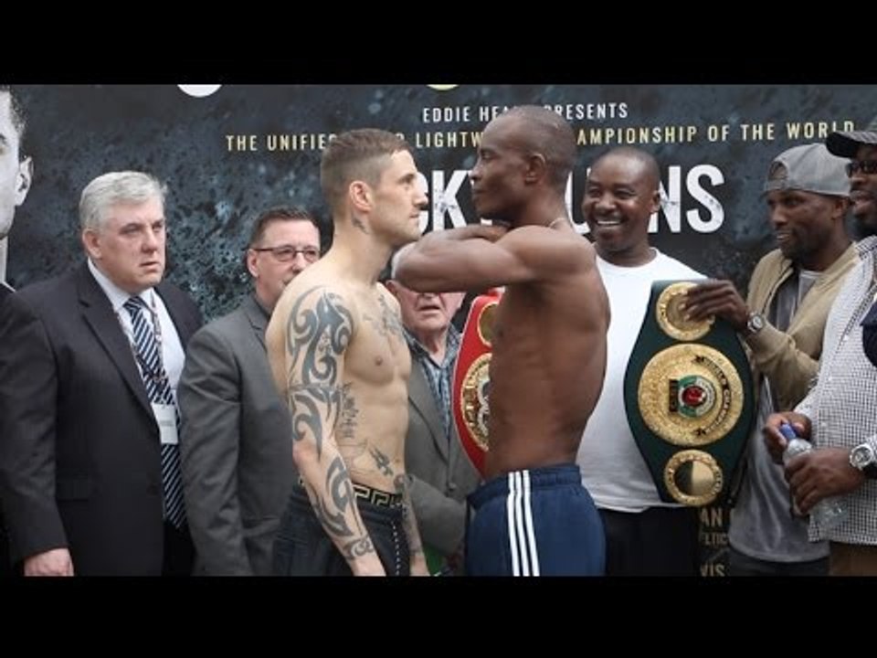 JULIUS INDONGO TAUNTS RICKY BURNS WITH CUT-THROAT SIGN - FULL WEIGH IN FROM GLASGOW /BURNS v INDONGO