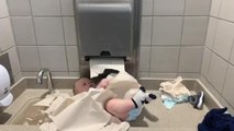Baby Makes Huge Mess with Bathroom Tissue Dispenser