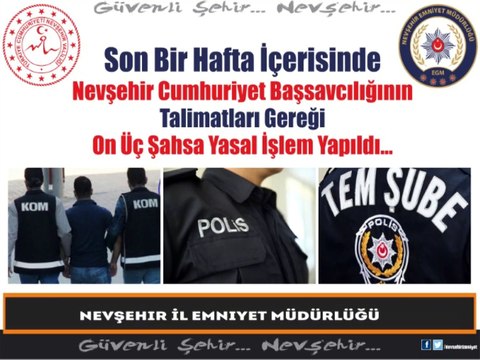 Nevşehir İl Emniyet Müdürlüğü - Son Bir Hafta İçerisinde Nevşehir Cumhuriyet Başsavcılığının Talimatları Gereği On Üç Şahsa Yasal İşlem Yapıldı.