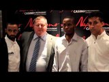MICK HENNESSY, KID GALAHAD, ADIELSON DOS SANTOS POSE FOR THE MEDIA AHEAD OF SHEFFIELD SHOW DOWN