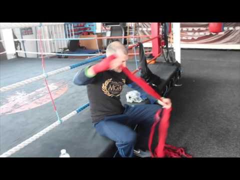 DERRY MATHEWS WRAPPING HIS HANDS & HAVING SOME GYM BANTER / FLANAGAN v MATHEWS