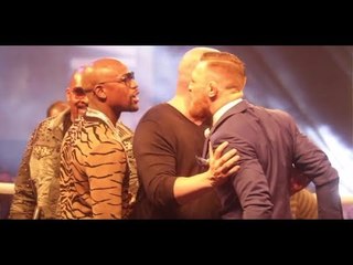 INTENSE!! - FLOYD MAYWEATHER v CONOR McGREGOR PAIR SQUARE UP ON STAGE IN LONDON PRESS TOUR