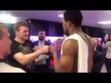 ANTHONY JOSHUA SHOWS HIS CLASS AS HE EMBRACES ALEXANDER POVETKIN AFTER FIGHT IN DRESSING ROOM
