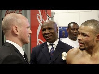 GEORGE GROVES SHOWS CLASS & CONGRATULATES CHRIS EUBANK JR IN DRESSING ROOM AFTER WIN v JAMES DeGALE