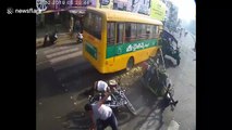 Shocking moment school bus goes berserk after brakes fail on busy road