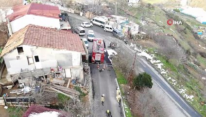 Beykoz’da evin üzerine çöken yol havadan görüntülendi